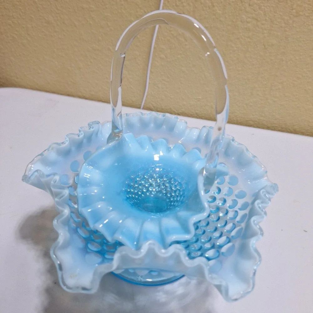 Vintage Fenton Blue Opalescent Hobnail Ruffled Bowl & Basket Set Milk Glass